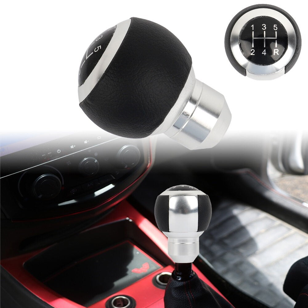 Brand New 5 Speed Leather Round Ball Shape Universal Car Gear Shift Knob Shifter Lever Silver M8 M10 M12