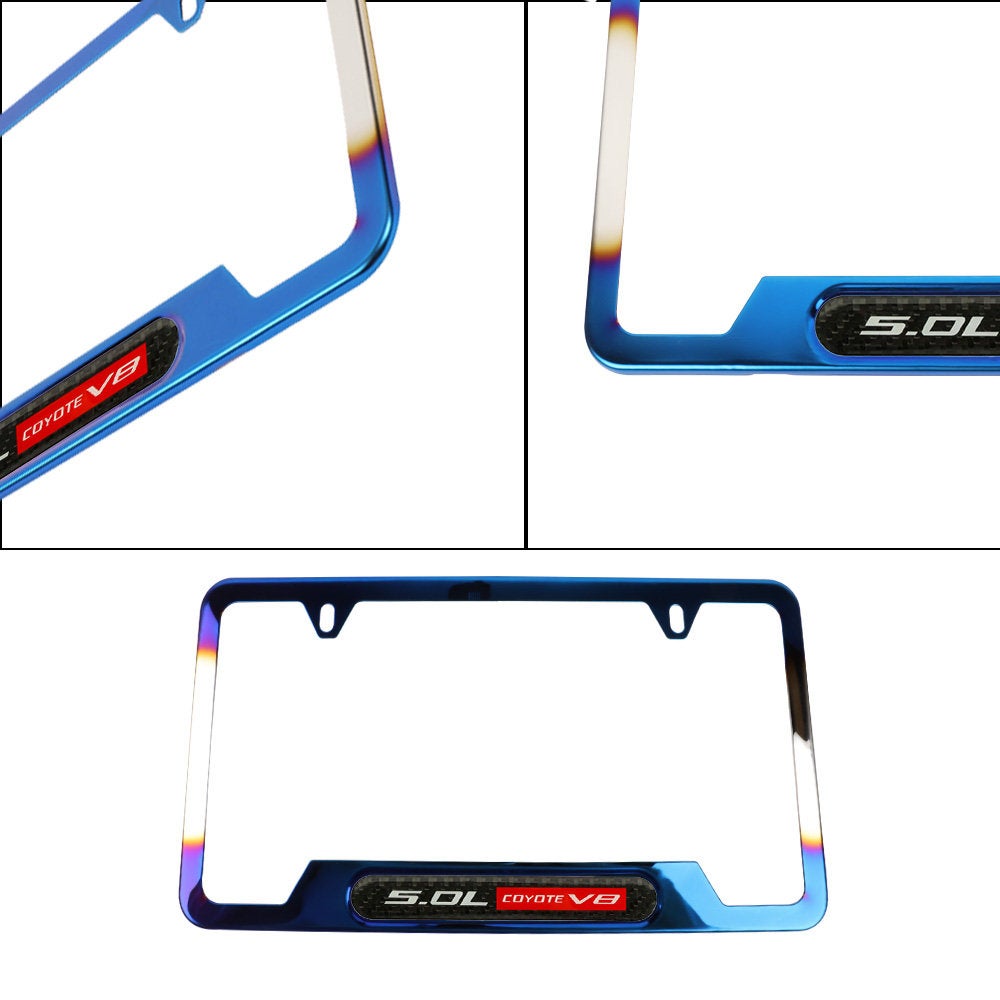 Brand New Universal 1PCS 5.0L COYOTE V8 Titanium Burnt Blue Metal License Plate Frame