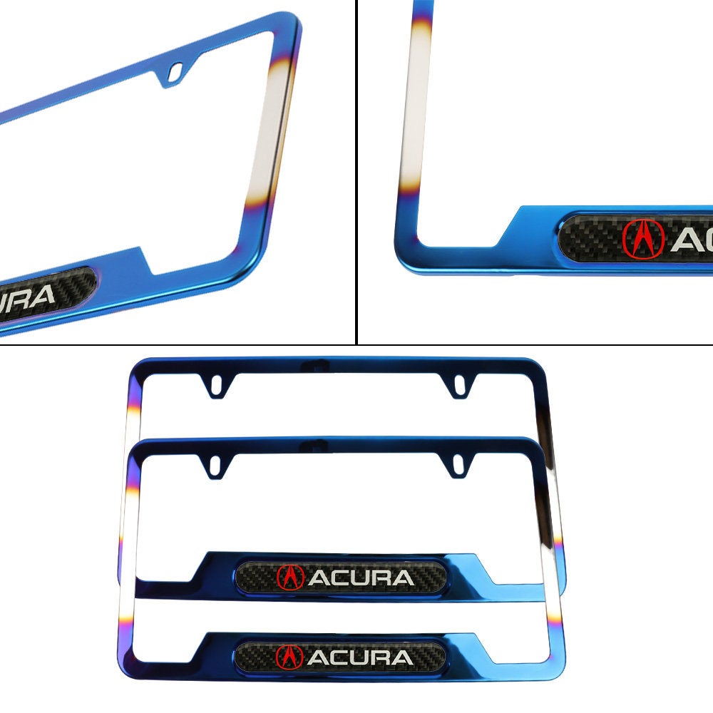 Brand New Universal 2PCS Acura Titanium Burnt Blue Metal License Plate Frame