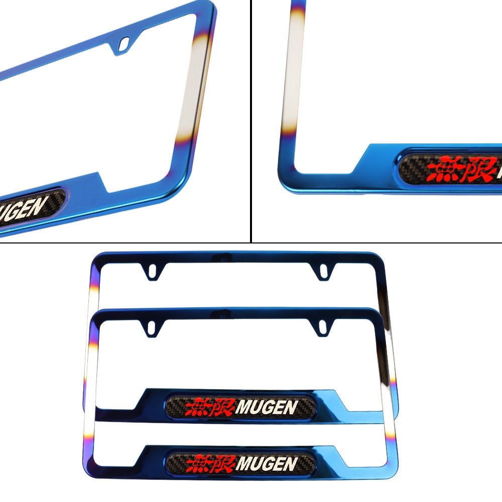 Brand New Universal 2PCS Mugen Titanium Burnt Blue Metal License Plate Frame V1