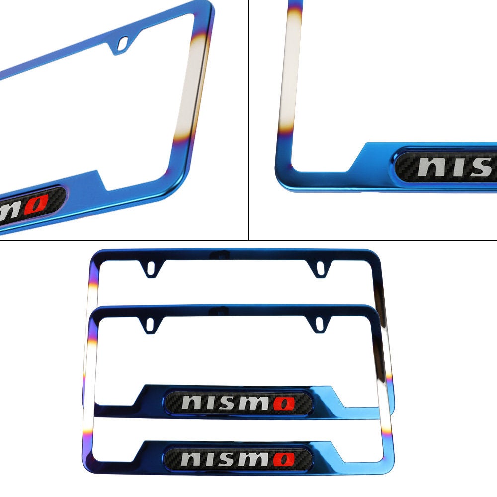 Brand New Universal 2PCS Nismo Titanium Burnt Blue Metal License Plate Frame