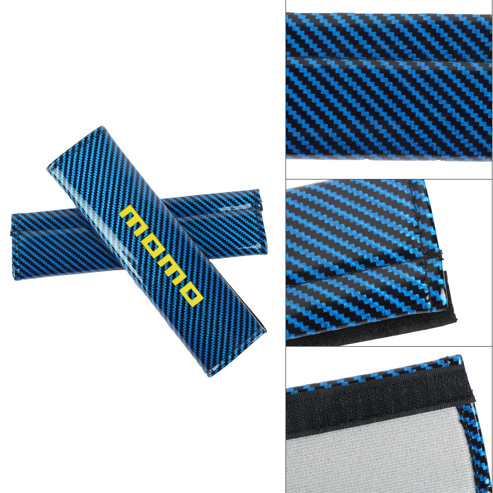 Brand New Universal 2PCS Momo Blue Carbon Fiber Look Car Seat Belt Covers Shoulder Pad