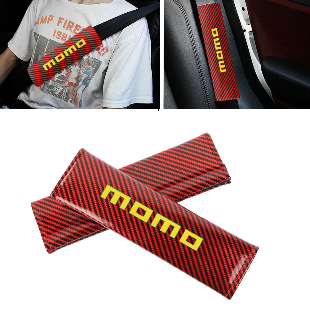 Brand New Universal 2PCS Momo Red Carbon Fiber Look Car Seat Belt Covers Shoulder Pad