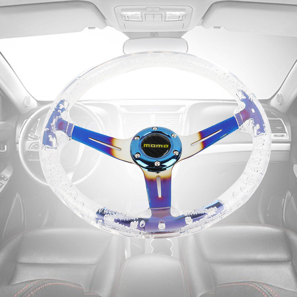 Brand New JDM Momo Universal 6-Hole 350mm Deep Dish Vip Clear Crystal Bubble Burnt Blue Spoke Steering Wheel